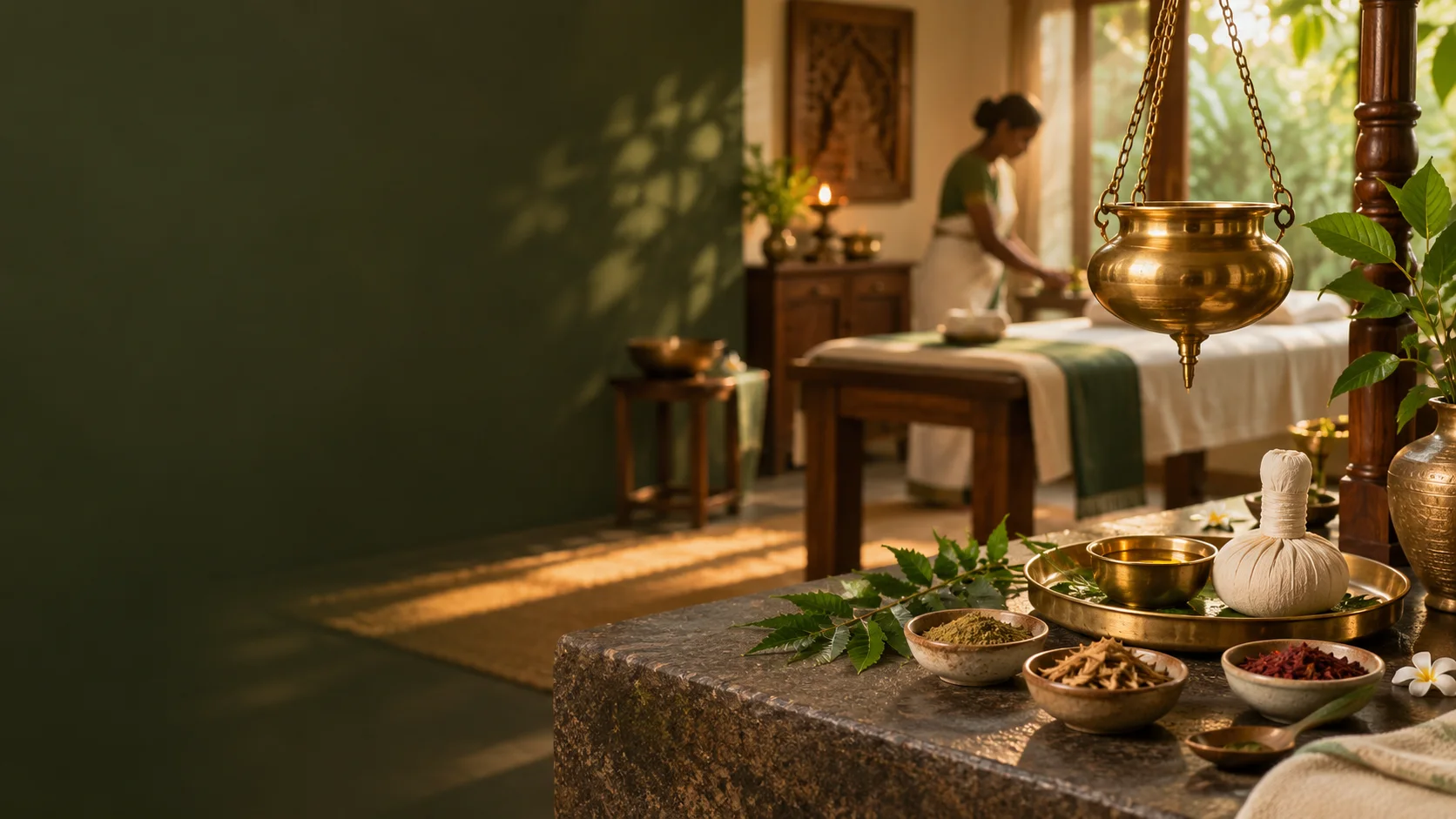 Illustrative Ayurvedic treatment setting with herbs, brass vessels and warm natural light
